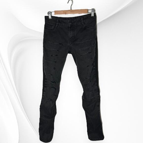 MAJE Denim Front Ponte Back Hybrid Pants Jeans Skinny Ripped Mid Rise Black 40 8 - Picture 1 of 10